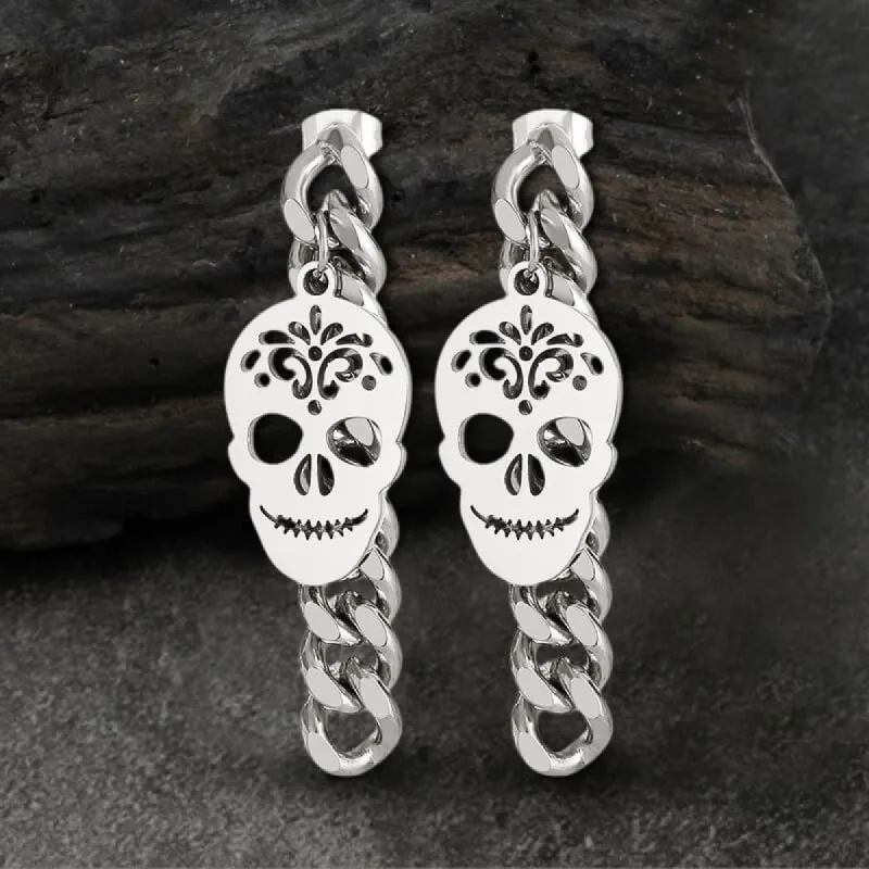 Sugar Skull Chunky Chain Link Stainless Steel Earrings sold by GTHIC