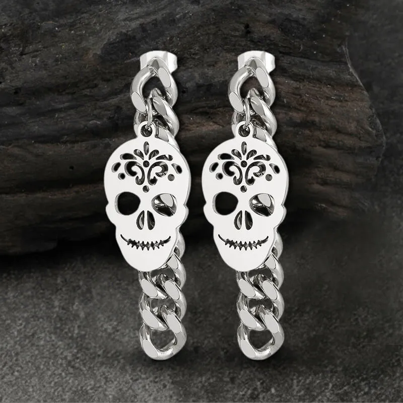 Sugar Skull Chunky Chain Link Stainless Steel Earrings sold by GTHIC