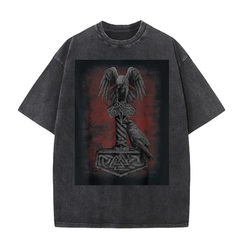 Viking Norse Thor's Mjolnir Raven Washed T-shirt sold by GTHIC