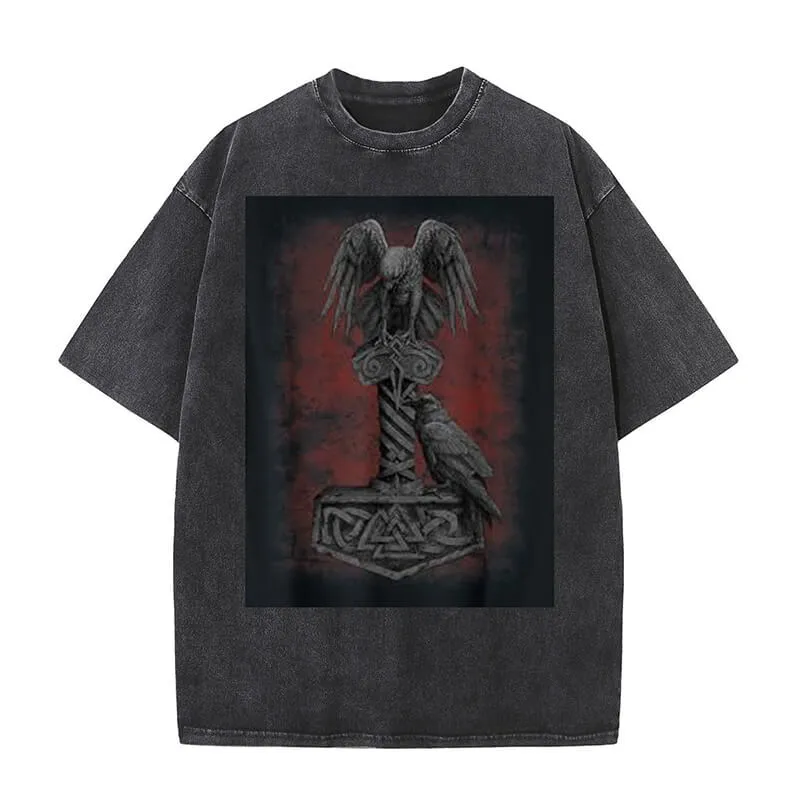 Viking Norse Thor's Mjolnir Raven Washed T-shirt sold by GTHIC
