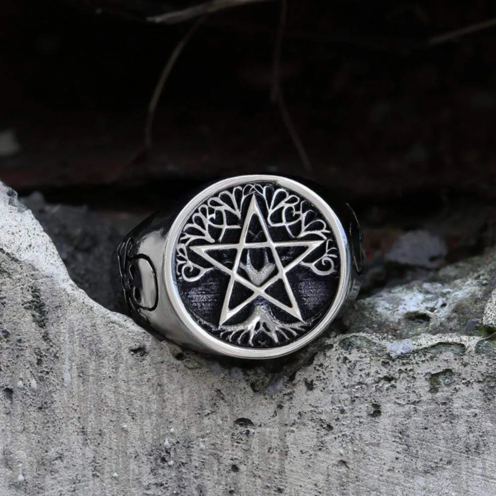 Pentagram Tree of Life Stainless Steel Viking Ring sold by GTHIC