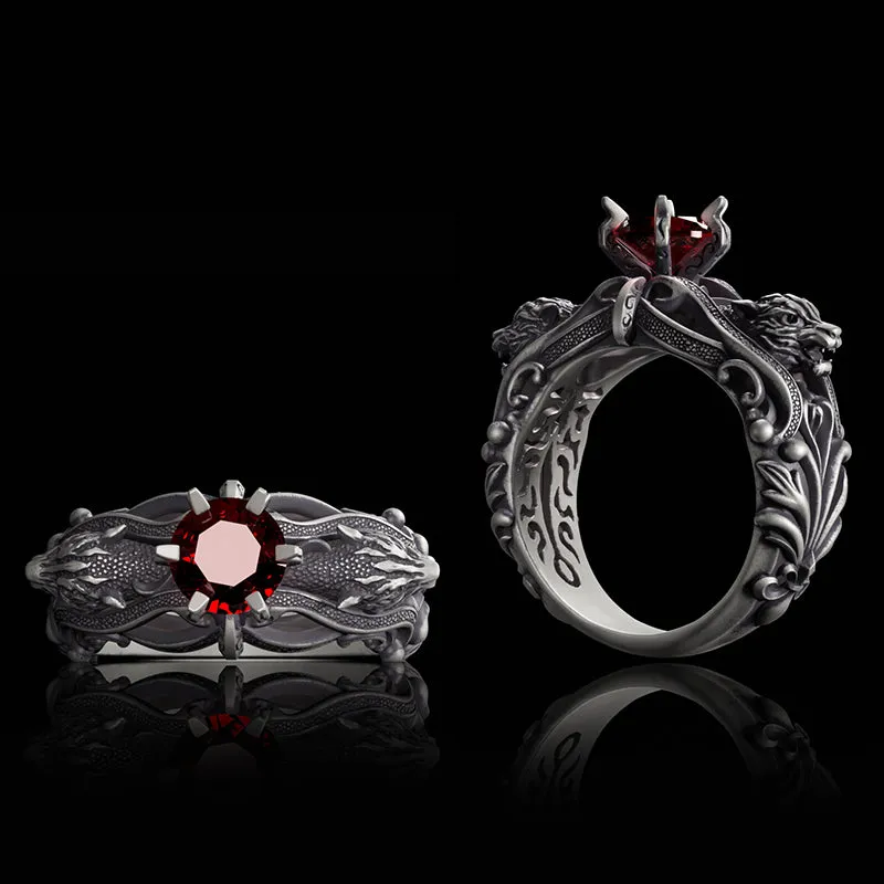 Gothic Tiger Heads Red Gem Sterling Silver Ring sold by GTHIC