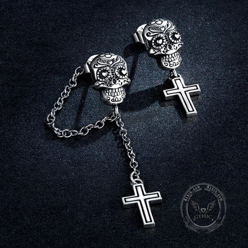 Skull Cross Sterling Silver Asymmetric Stud Earrings sold by GTHIC product image thumbnail 3