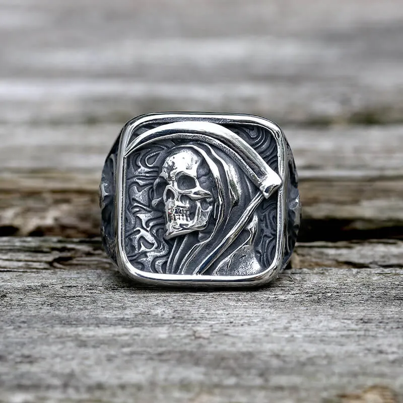 Vintage Grim Reaper Skull Stainless Steel Square Ring sold by GTHIC