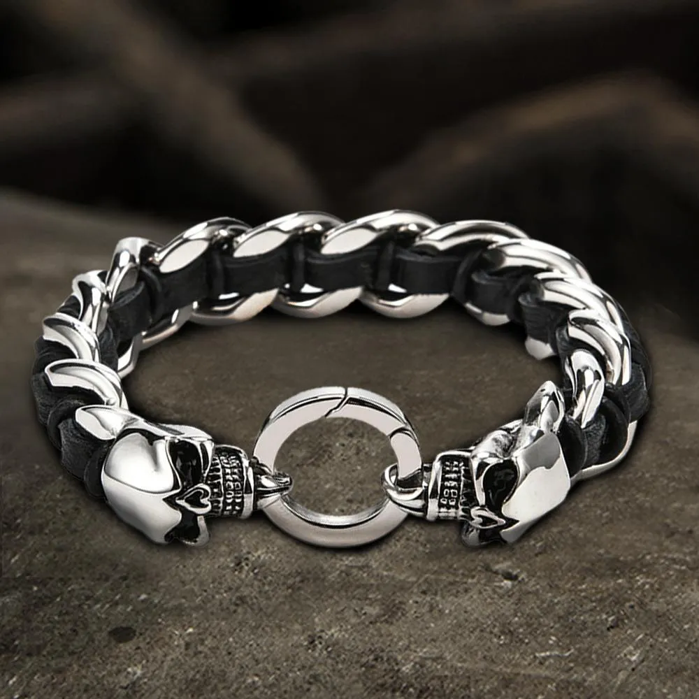 Double Head Skull Buckle Stainless Steel Braided Bracelet sold by GTHIC