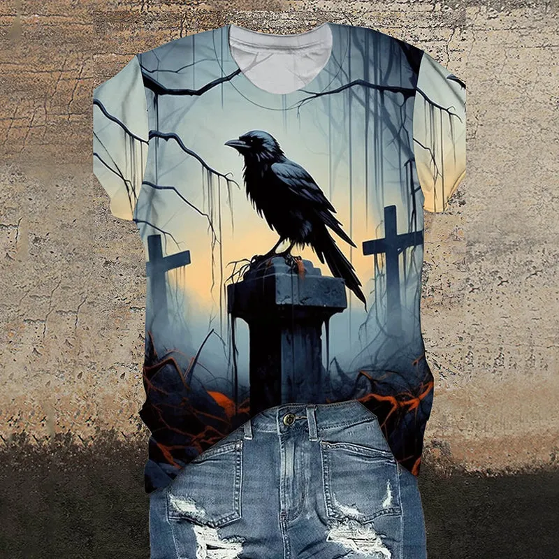 Gothic Raven Cross Round Neck Short Sleeve T-Shirt sold by GTHIC