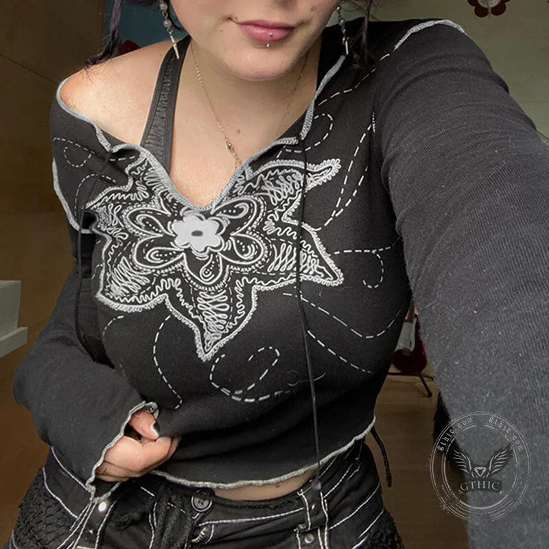 Black Flower Print Long Sleeve Crop Top sold by GTHIC product image thumbnail 2