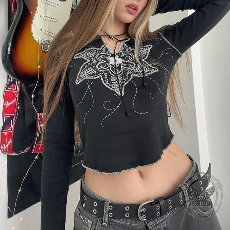 Black Flower Print Long Sleeve Crop Top sold by GTHIC