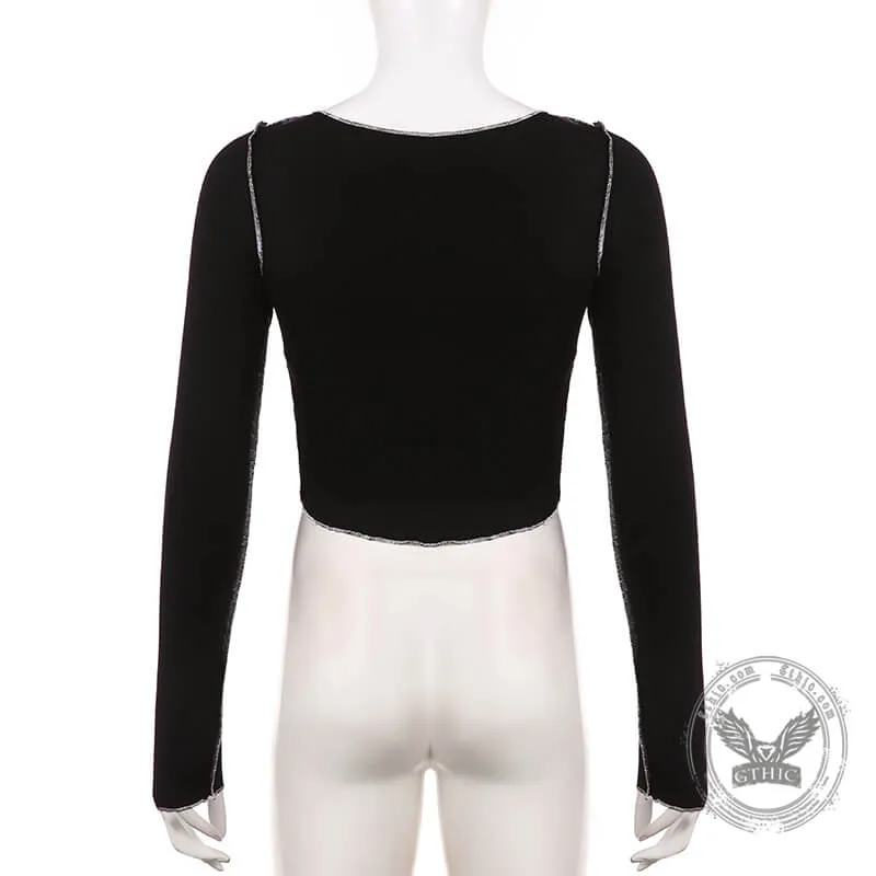 Black Flower Print Long Sleeve Crop Top sold by GTHIC product image thumbnail 5