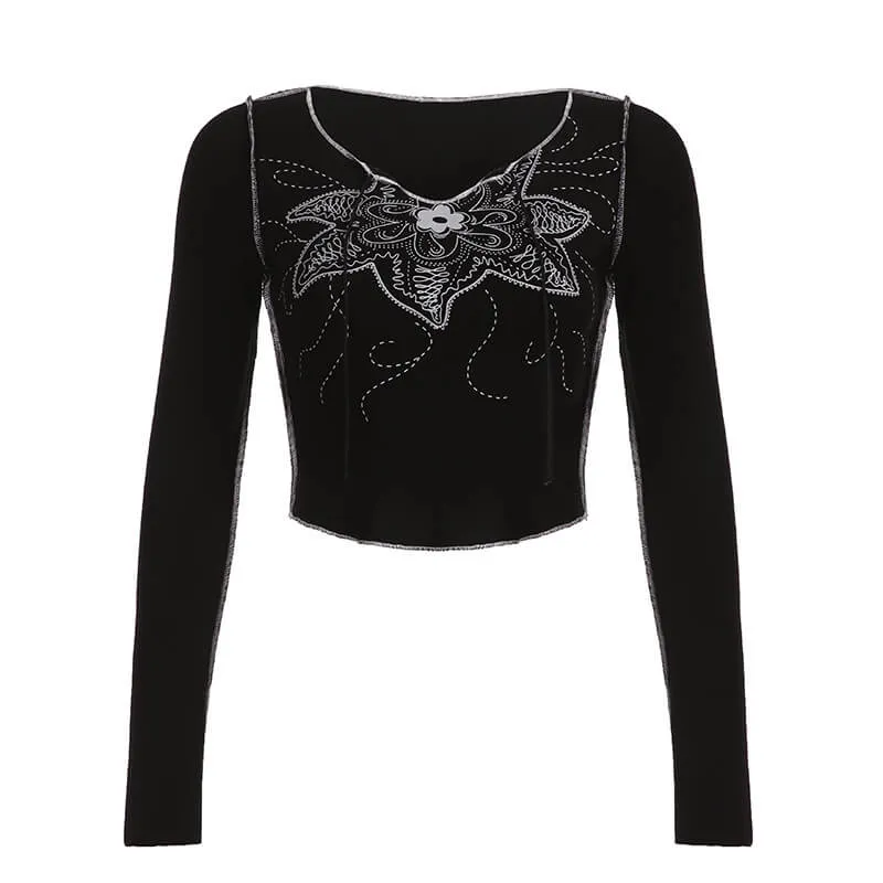 Black Flower Print Long Sleeve Crop Top sold by GTHIC product image thumbnail 3