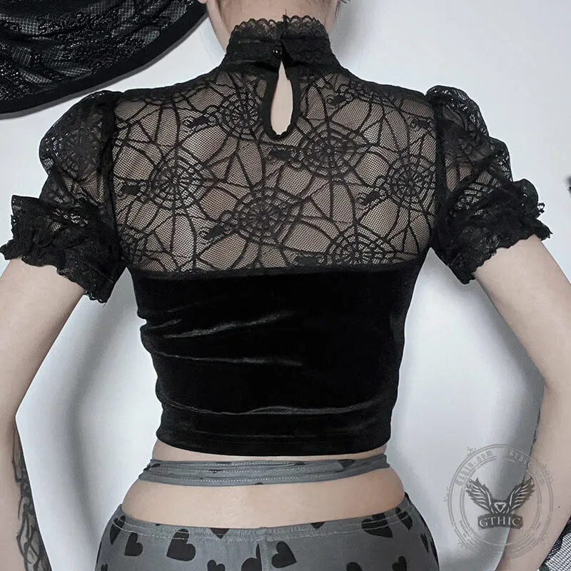 Spider Web Print Long Sleeve Velvet Crop Top sold by GTHIC product image thumbnail 5