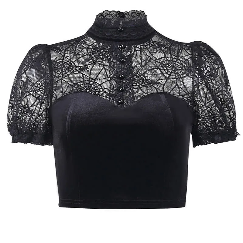Spider Web Print Long Sleeve Velvet Crop Top sold by GTHIC product image thumbnail 2