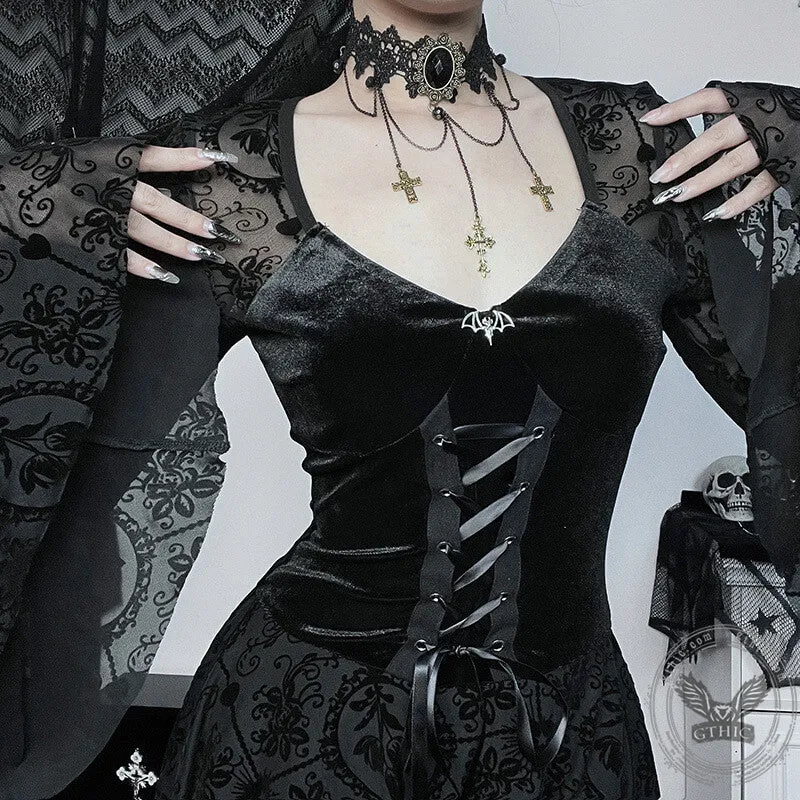 Gothic Bell Sleeves Lace Flocking Mini Dress sold by GTHIC product image thumbnail 3