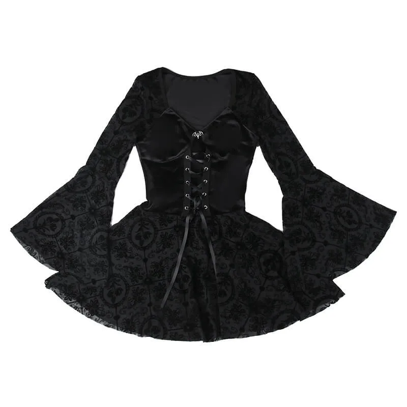 Gothic Bell Sleeves Lace Flocking Mini Dress sold by GTHIC product image thumbnail 5