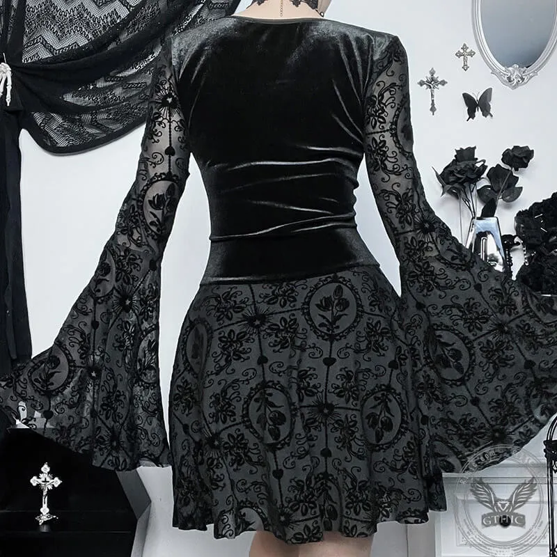 Gothic Bell Sleeves Lace Flocking Mini Dress sold by GTHIC product image thumbnail 4