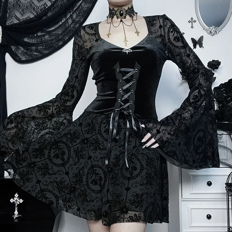 Gothic Bell Sleeves Lace Flocking Mini Dress sold by GTHIC product image thumbnail 2