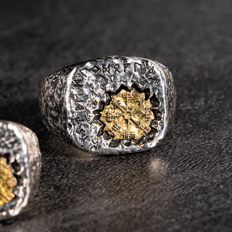 Viking Vegvisir Runes Sterling Silver Inlaid Brass Open Ring sold by GTHIC