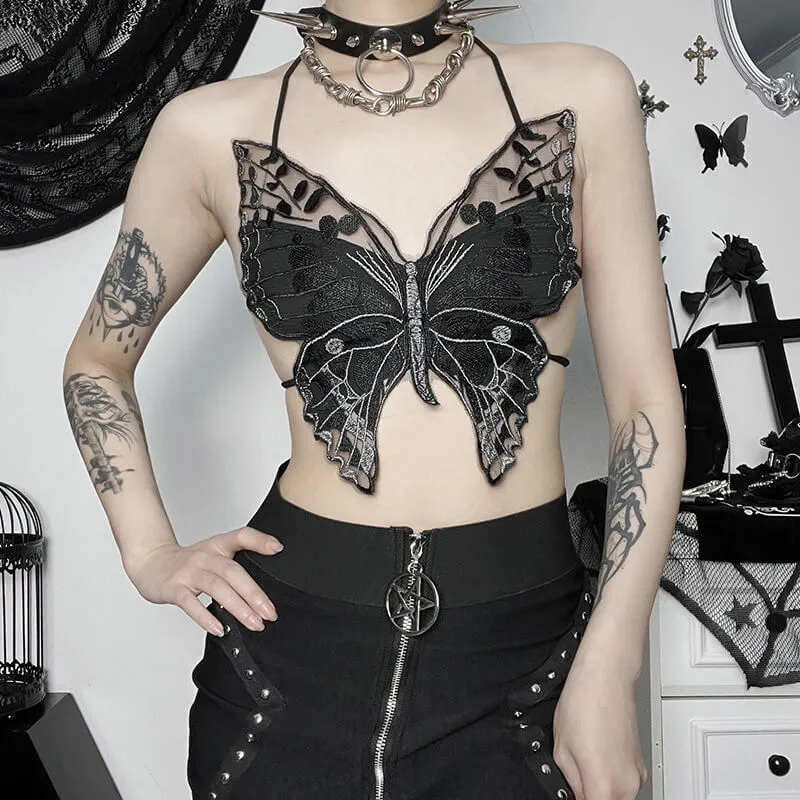 Butterfly-Shaped Backless Polyester Halter Crop Top sold by GTHIC