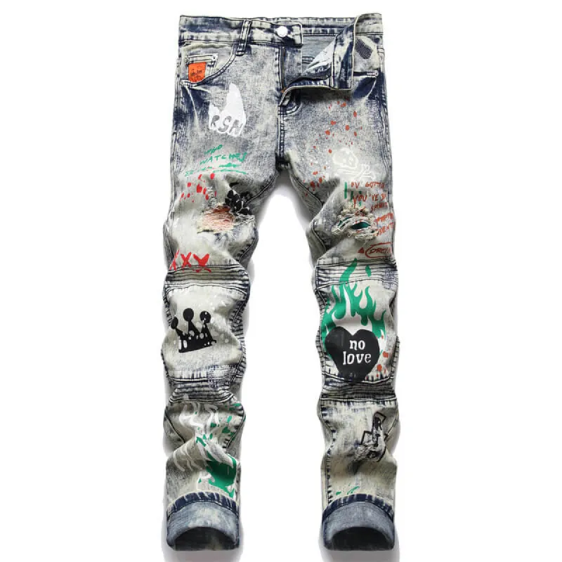 Punk-print Paneled Ripped Cotton Mid-rise Pants sold by GTHIC