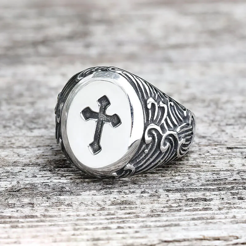 Wave Pattern Budded Cross Stainless Steel Ring sold by GTHIC