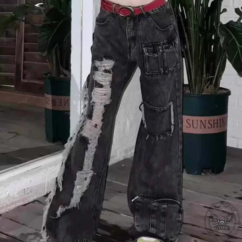 Vintage High Waist Pockets Ripped Straight Pants sold by GTHIC
