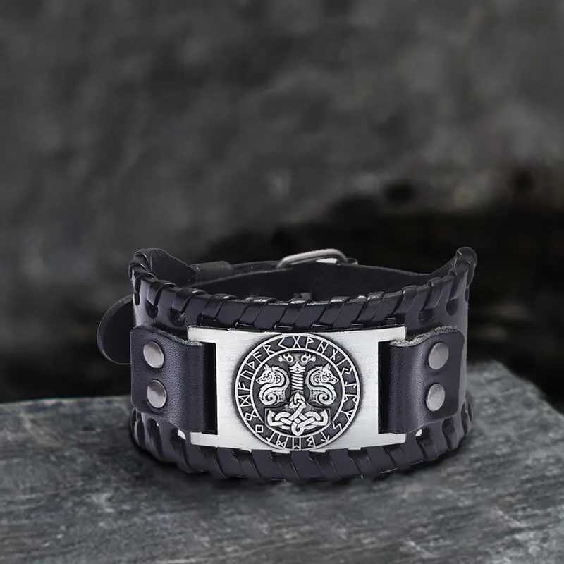Thor’s Hammer Runes Alloy Leather Viking Bracelet sold by GTHIC product image thumbnail 4