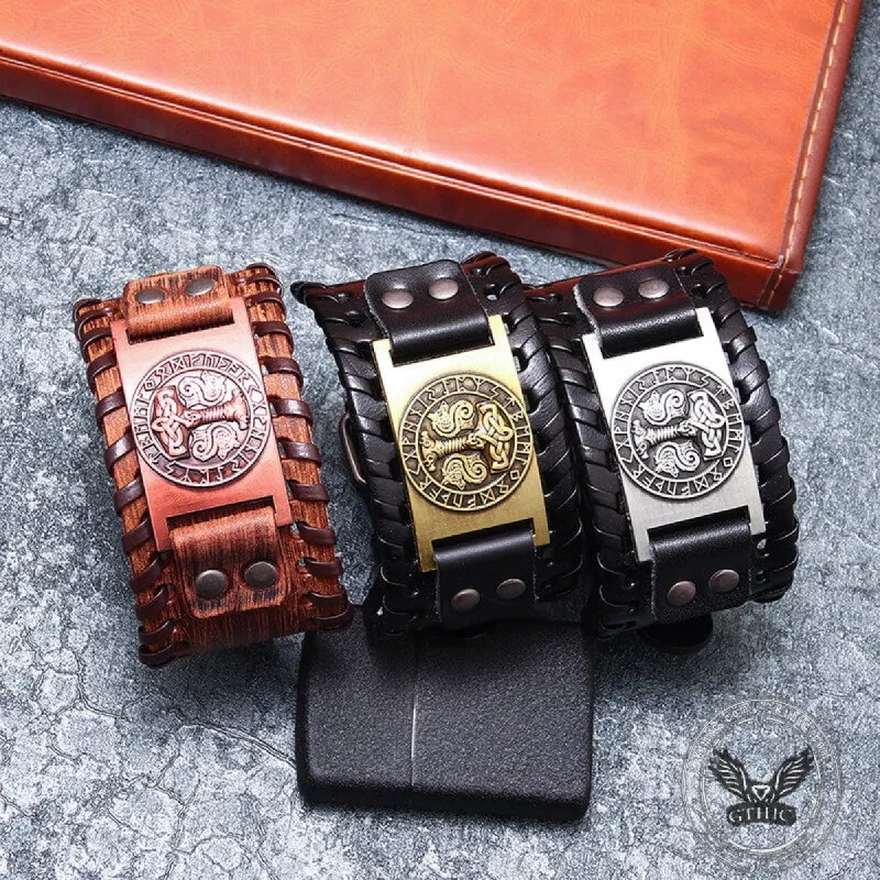 Thor’s Hammer Runes Alloy Leather Viking Bracelet sold by GTHIC