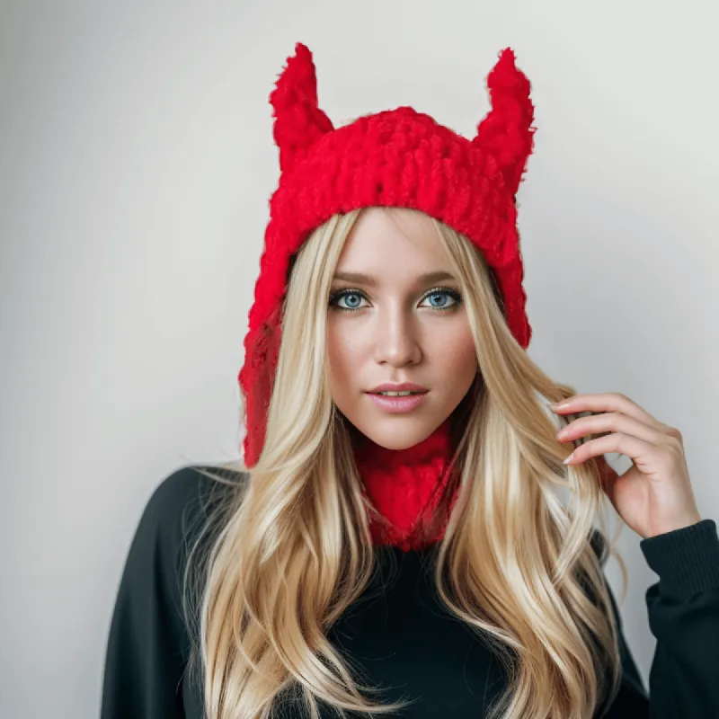 Red Devil Horns Knit Balaclava Hat sold by GTHIC