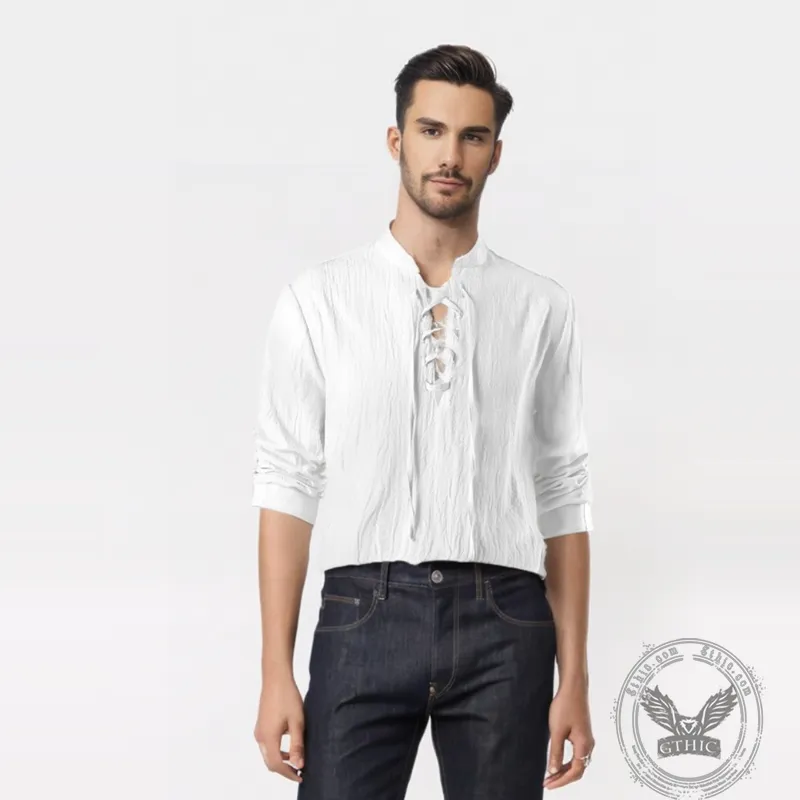 Solid Color Stand Collar Lace Up Long Sleeve Shirt sold by GTHIC product image thumbnail 2