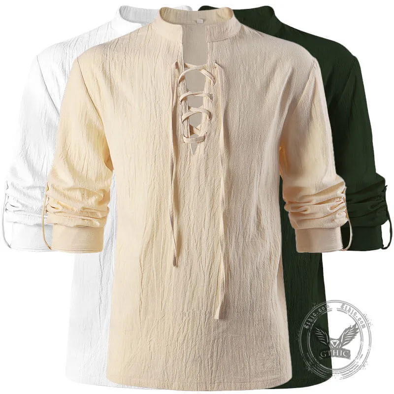 Solid Color Stand Collar Lace Up Long Sleeve Shirt sold by GTHIC