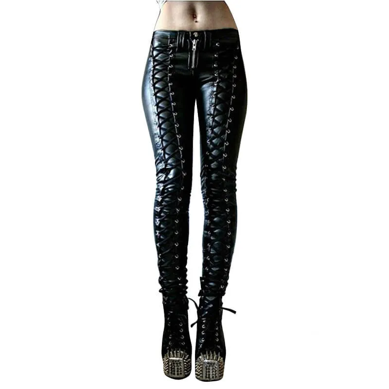 Punk Lace-up Studded Skinny PU Leather Pants sold by GTHIC product image thumbnail 3