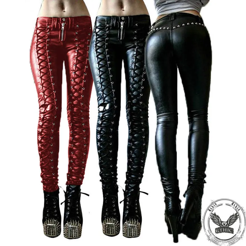 Punk Lace-up Studded Skinny PU Leather Pants sold by GTHIC