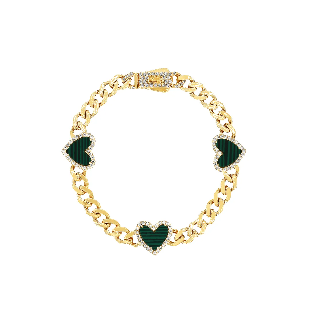 10K 6mm Malachite Heart Cuban Link Bracelet sold by IceLink