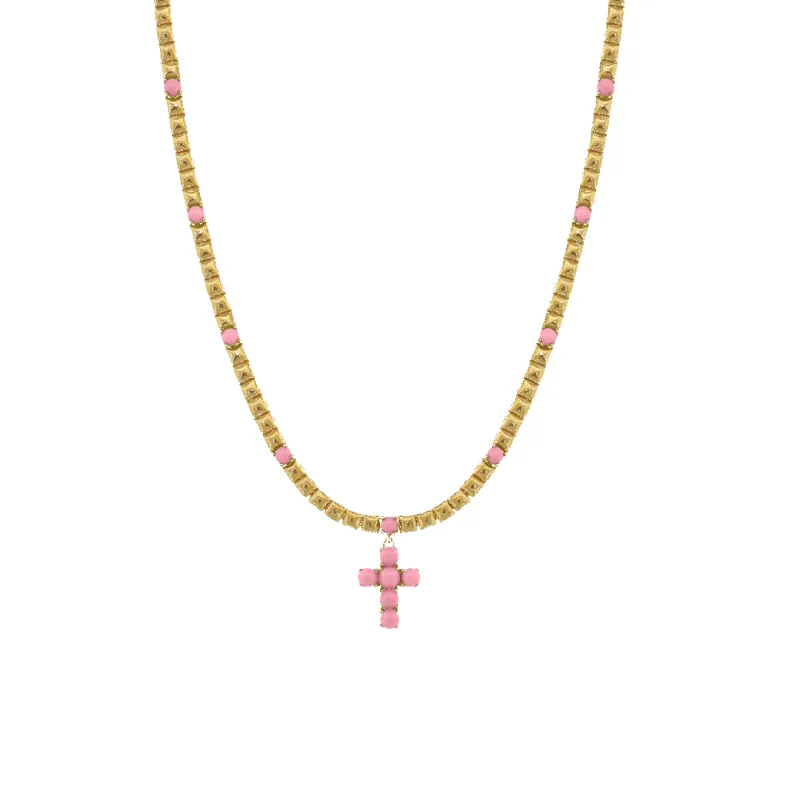 Pink Enamel Cross Necklace sold by IceLink