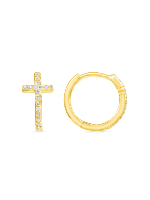 Diamond Cross Huggie Earrings 14K sold by LeMel