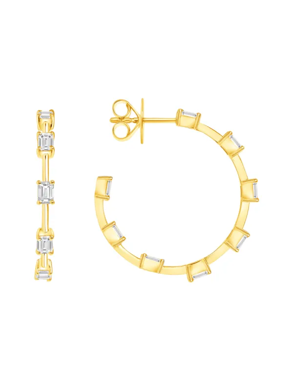 Floating Emerald Cut Diamond Hoop Earrings 14K sold by LeMel