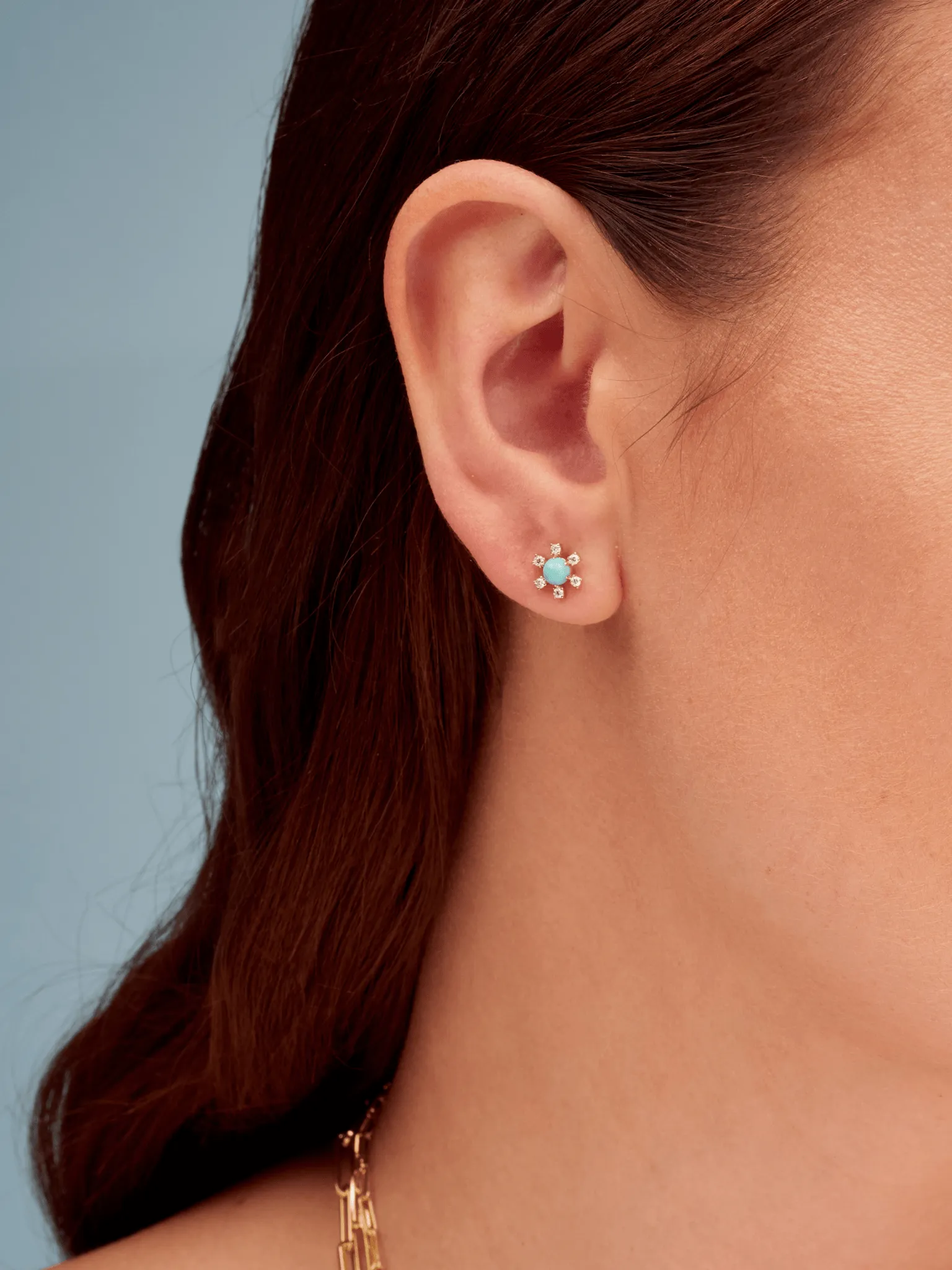 Turquoise Diamond Flower Stud Earrings 14K sold by LeMel product image thumbnail 2