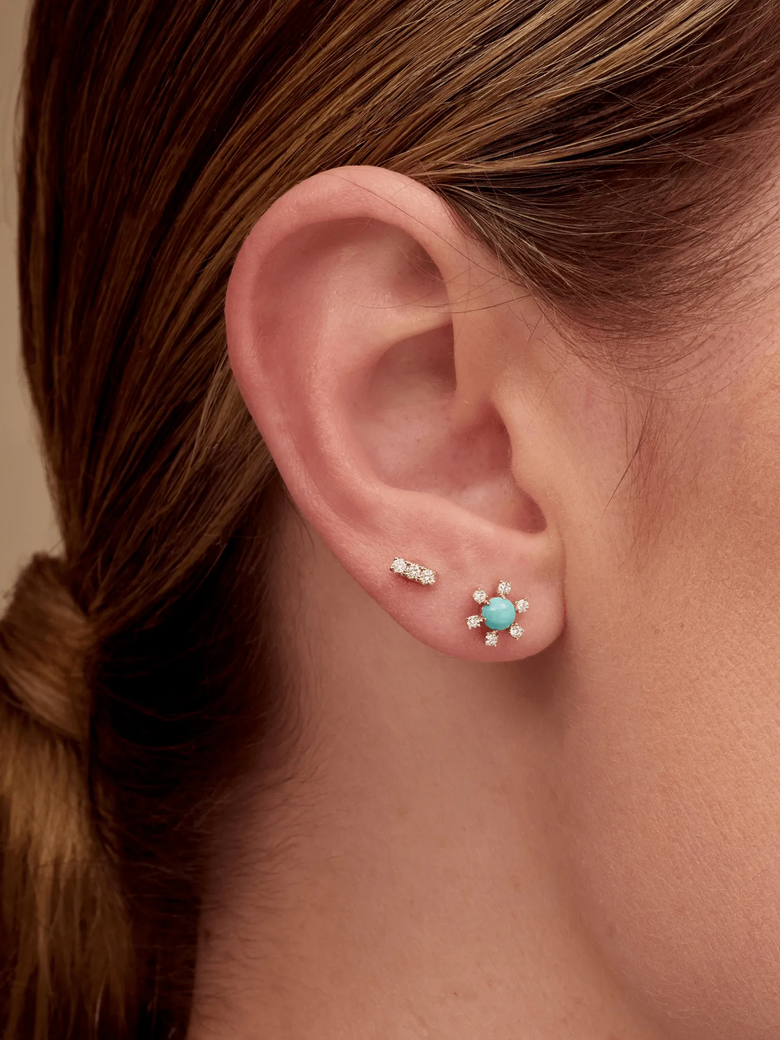 Turquoise Diamond Flower Stud Earrings 14K sold by LeMel product image thumbnail 3
