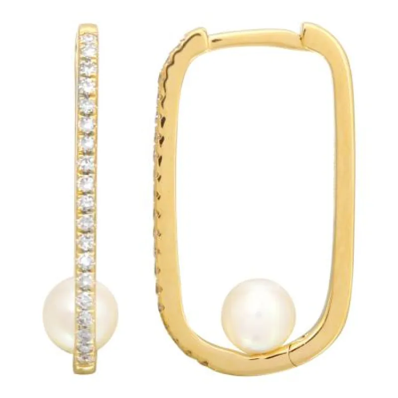 Pearl Paperclip Diamond Huggie 14K sold by LeMel
