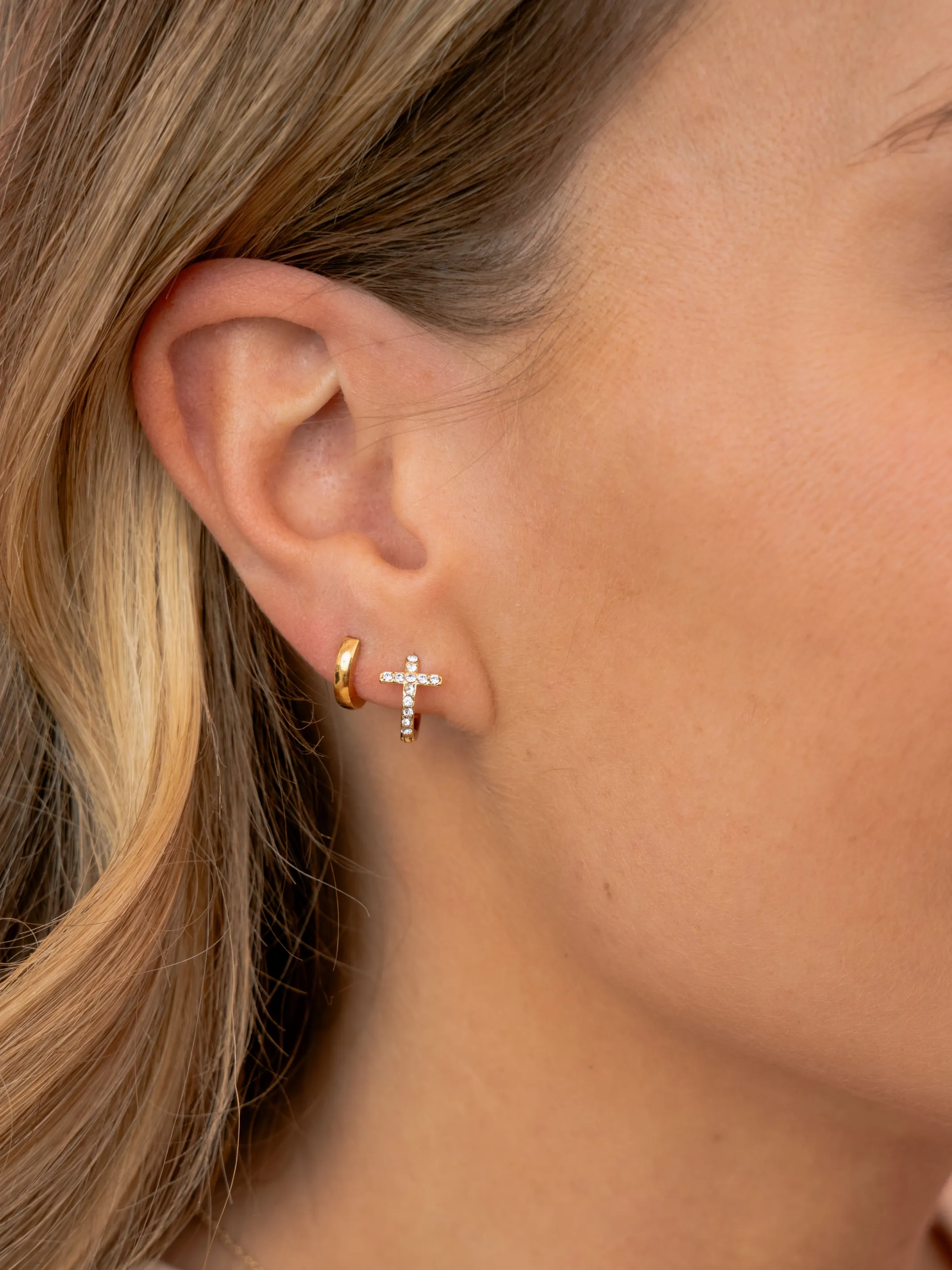 Cross CZ Huggie Earrings sold by LeMel product image thumbnail 2