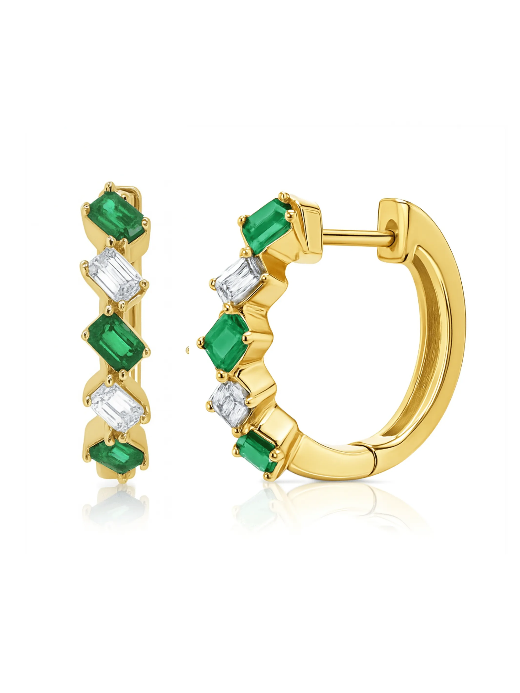 Elizabeth Emerald and Diamond Huggie Earrings 14K sold by LeMel