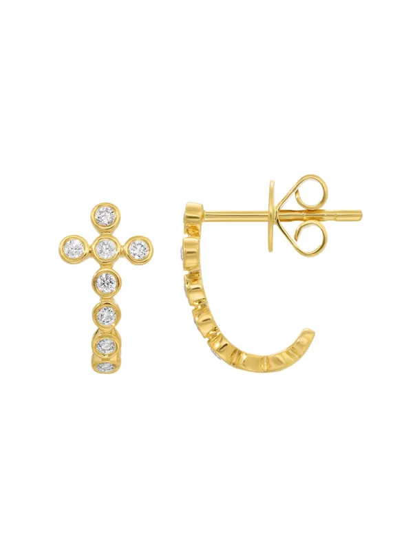 Bezel Cross Huggie Earrings 14K sold by LeMel