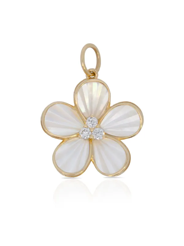 Fluted Mother of Pearl and Diamond Flower Charm 14K made by LeMel