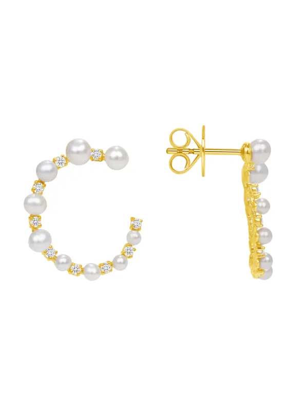 Pearl and Diamond Circle Stud Earrings 14K sold by LeMel