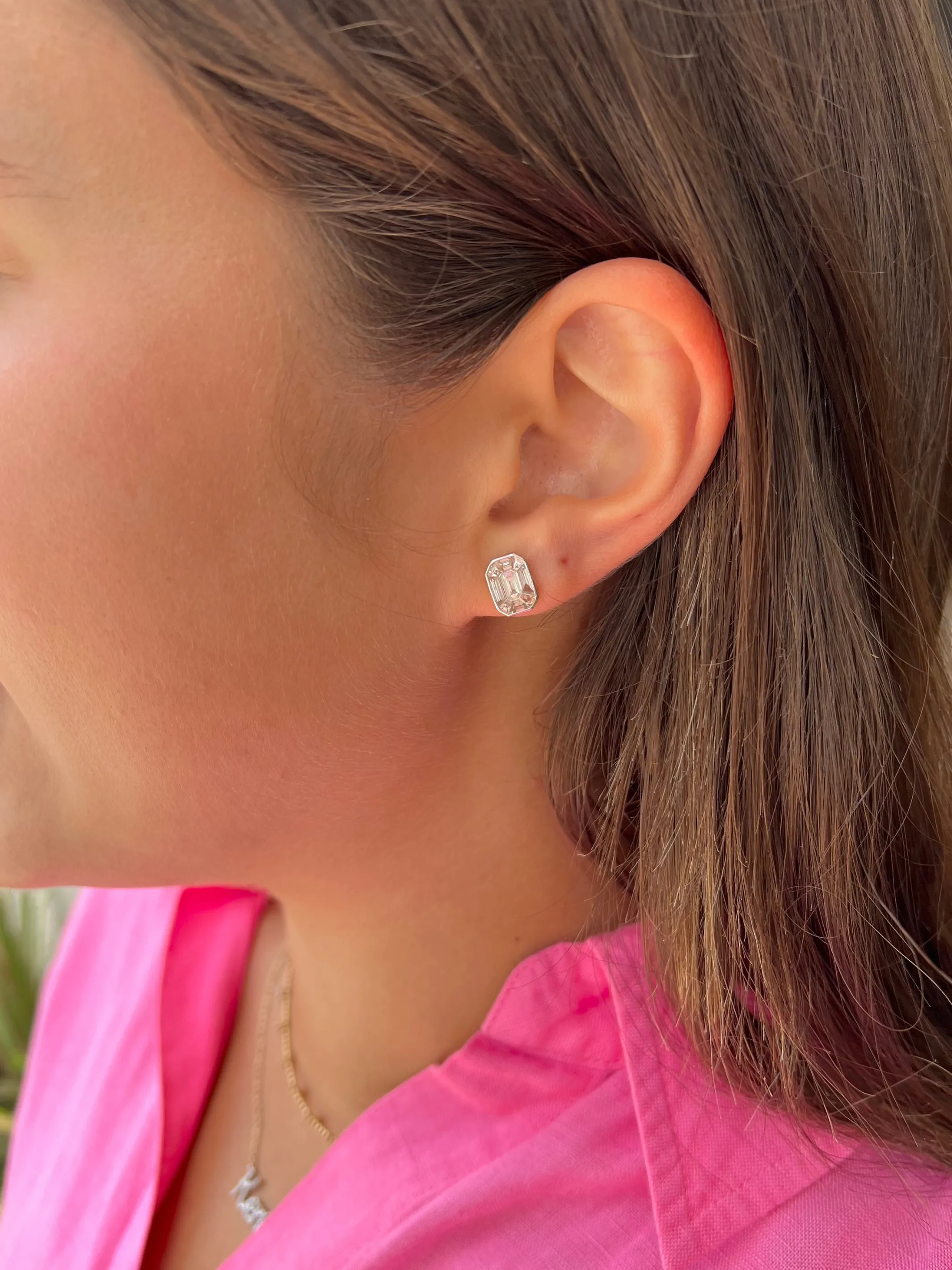 Emerald Cut Illusion Diamond Stud Earrings 14K sold by LeMel product image thumbnail 2