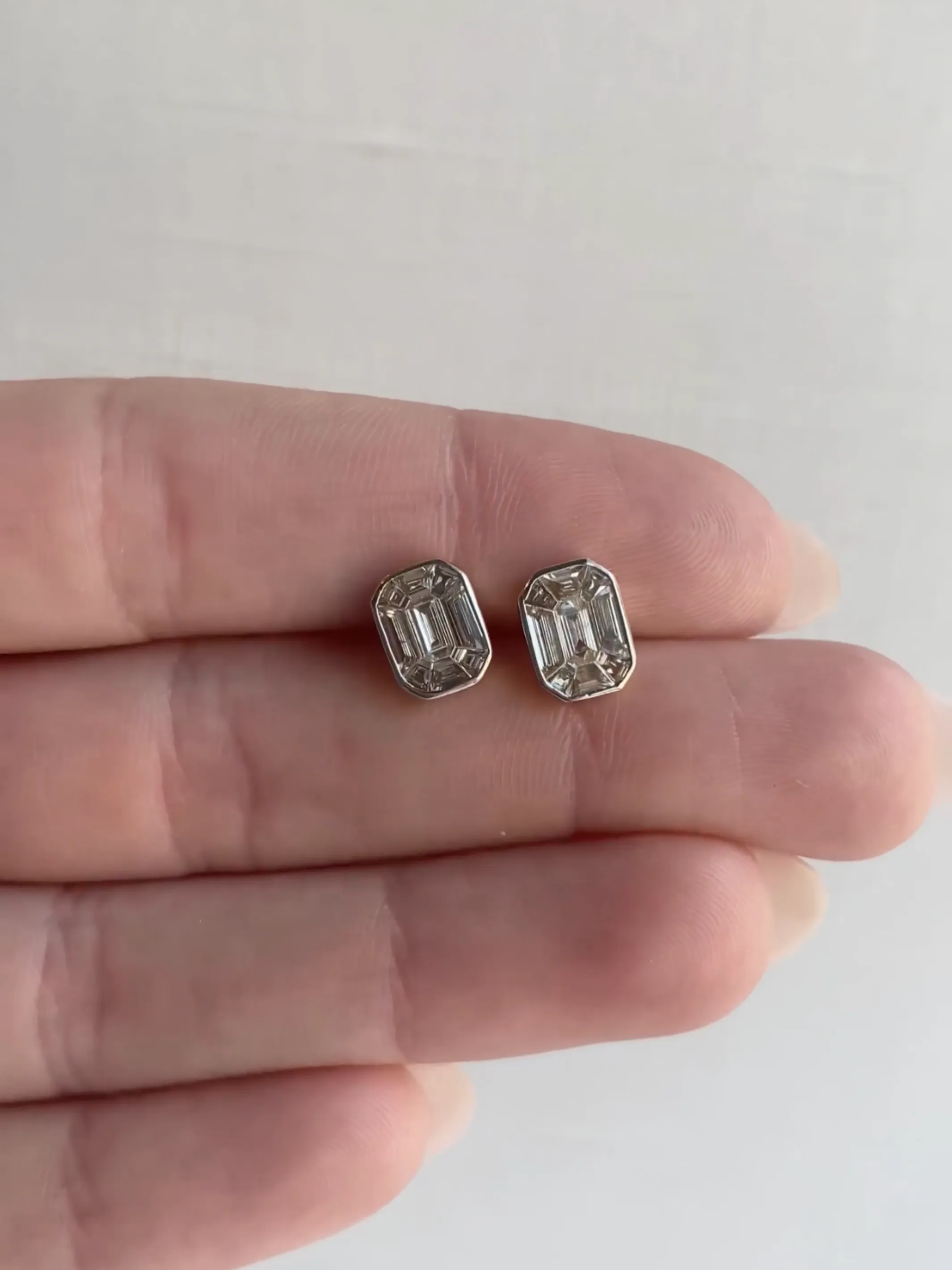 Emerald Cut Illusion Diamond Stud Earrings 14K sold by LeMel product image thumbnail 3