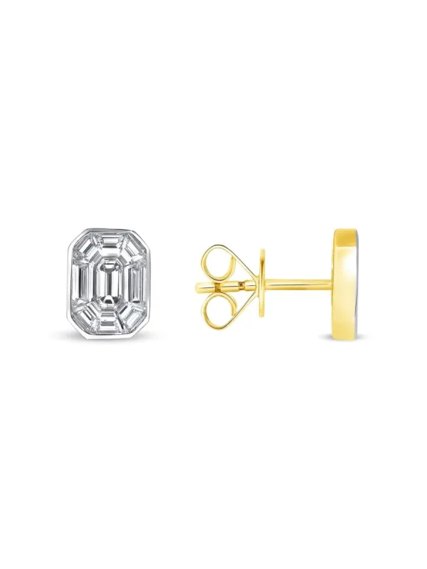 Emerald Cut Illusion Diamond Stud Earrings 14K sold by LeMel