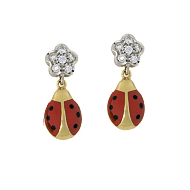 Diamond Flower Ladybug Hanging Earrings (Large) sold by Aaron Basha