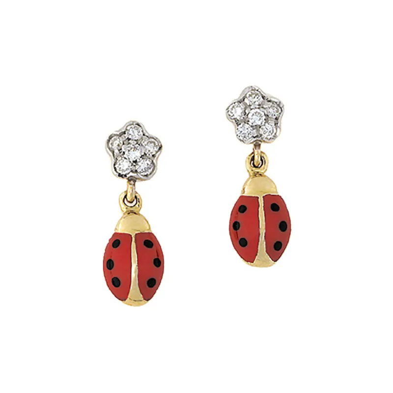 Diamond Flower Ladybug Hanging Earrings sold by Aaron Basha