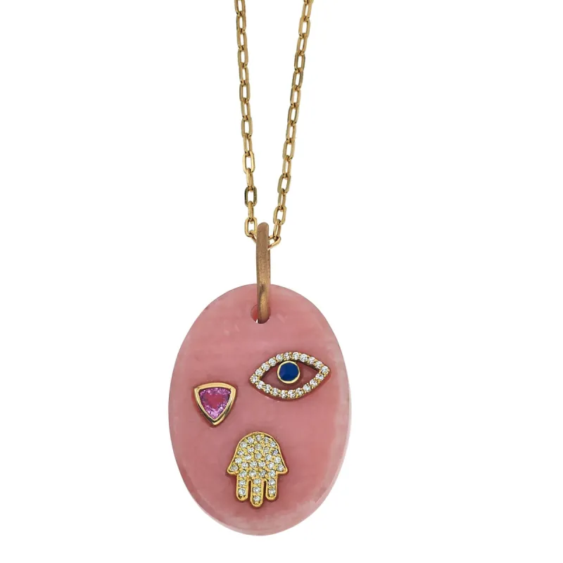 Bella Pink Quartz Evil Eye & Diamond Hamsa Necklace sold by Aaron Basha
